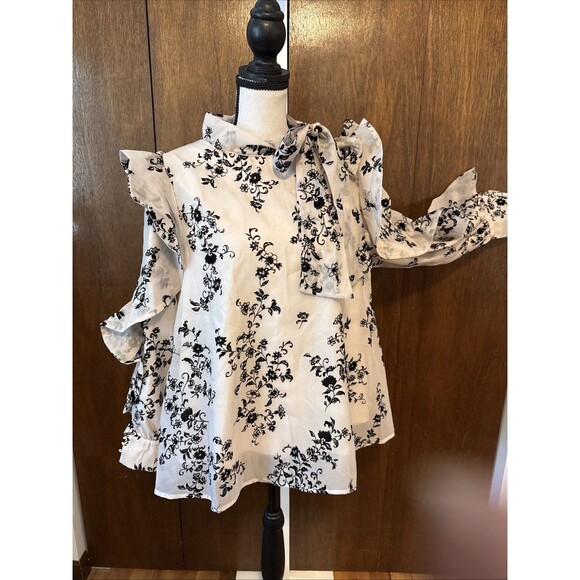 New Blouse M Beige Lined W Flocked Flowers Ruffled Sleeves Romantic Whimsy Goth - Picture 2 of 16